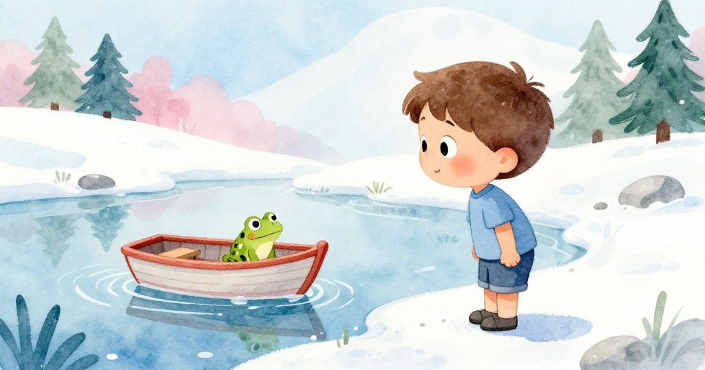 班恩溫柔注視著漂浮於池塘上的玩具船，小青蛙靜坐船中，光線柔和展現出奇幻旅程的完美落幕。