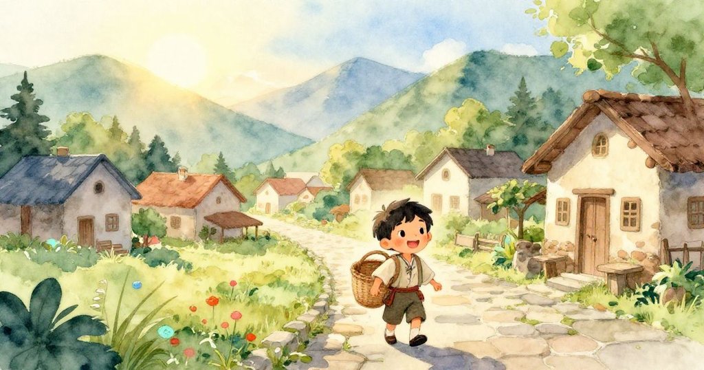 凱在晨光中手持藤籃走過石板路，臉上展現平靜笑容，背景為寧靜的山村廣場，預示新一天的開始。