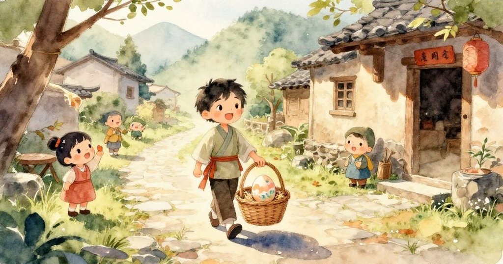 凱在噴泉邊見到彩蛋上因水滴形成的綠色條紋倒影，臉上露出驚奇神情，展現故事情節的重要轉變。