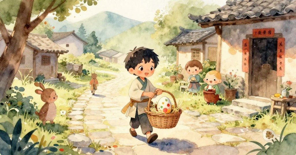 凱在噴泉邊急追條紋彩蛋，旁有微顫的銅鐘與濕緞帶，展現追逐中緊張與堅定的冒險氛圍。