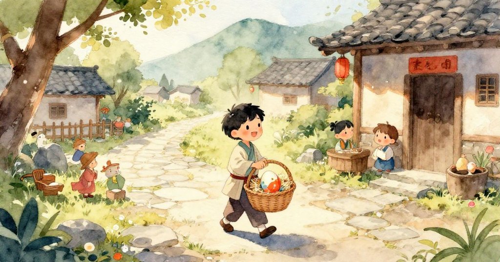 凱在村廣場將變化後的彩蛋小心放回藤籃，長老們微笑致意，公雞啼鳴，整個場景充滿傳統慶典的溫馨氣氛。