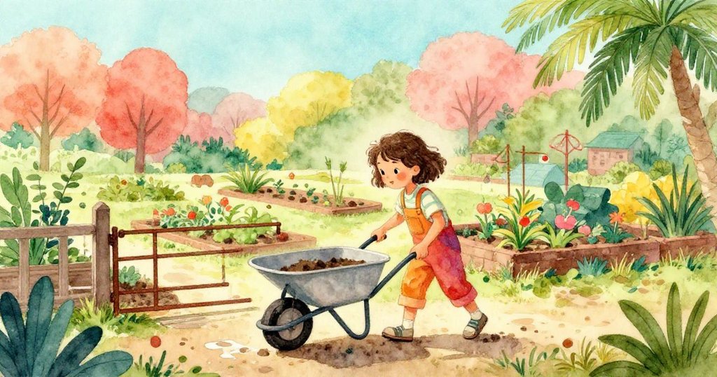 瑞莉在清晨社區花園中推著手推車，柔和日光灑落潮濕泥土，她充滿期待與活力，故事剛開始。