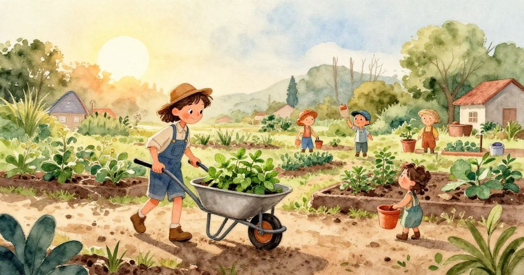 瑞莉懷中的紙地圖在水中反射晨光，映出園中綠意與新苗，故事進入轉折的美麗時刻。