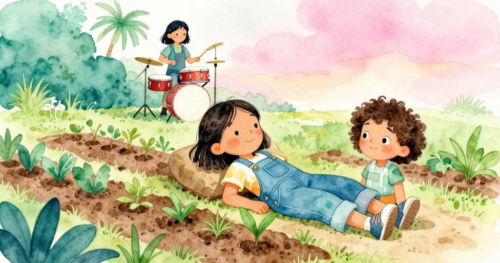 瑞莉完成植苗後在整齊花園邊安心休息，臉上滿是成就與寧靜，故事溫馨結尾閉幕。