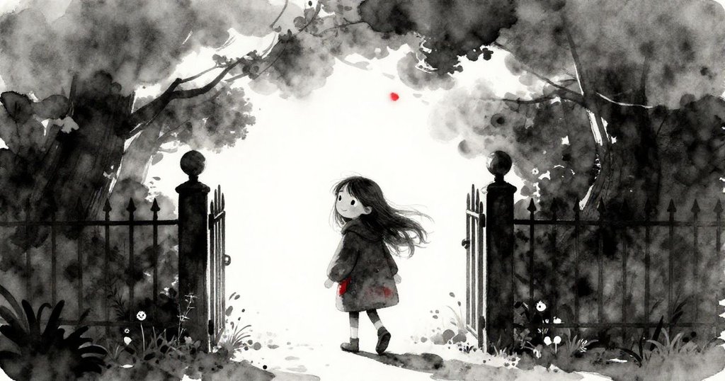 Iris跨過公園小門，低雲映襯下顯現輪廓，步伐堅定中蘊含著探索未知世界的期待與神秘。