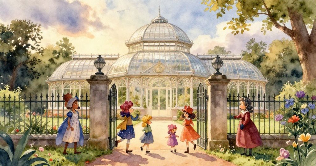 Iris背影凝視銅色拱門，透過朦朧玻璃映出搖曳花園，專注中帶著驚奇與期待，彷彿步入另一世界。