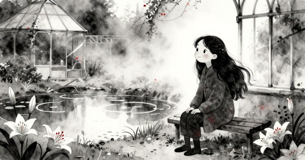 Iris坐在新發現的長椅上，旁邊池塘中夜蓮悄然綻放，遠景中銅拱半開，展現出寧靜魔幻與堅定創作心情。