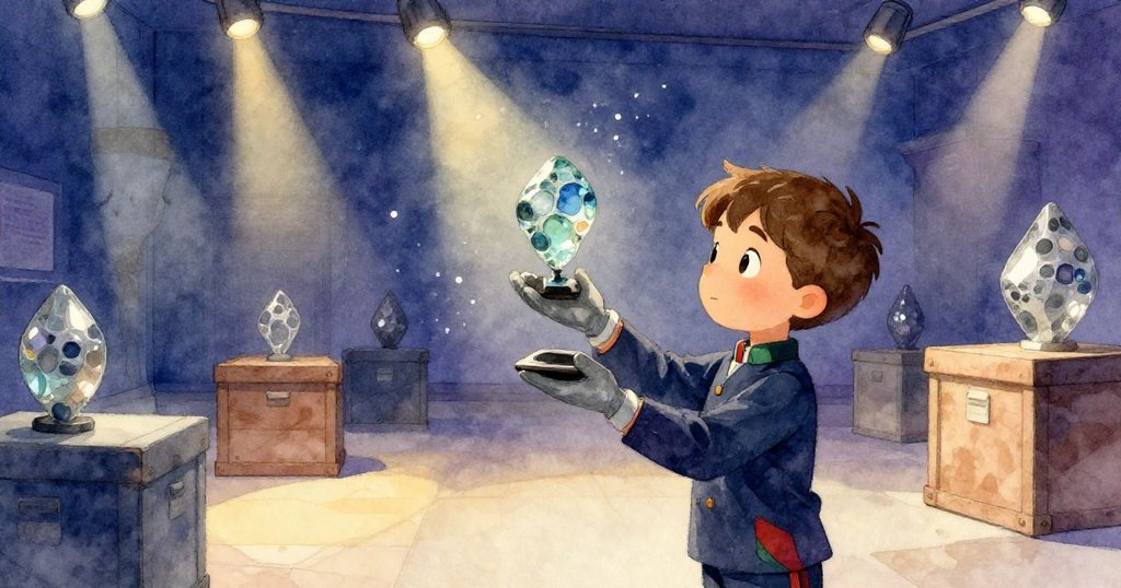 Milo在博物館入口處平衡海玻璃雕塑，場景中箱子疊放、溫暖燈光照射，充滿期待與專注。