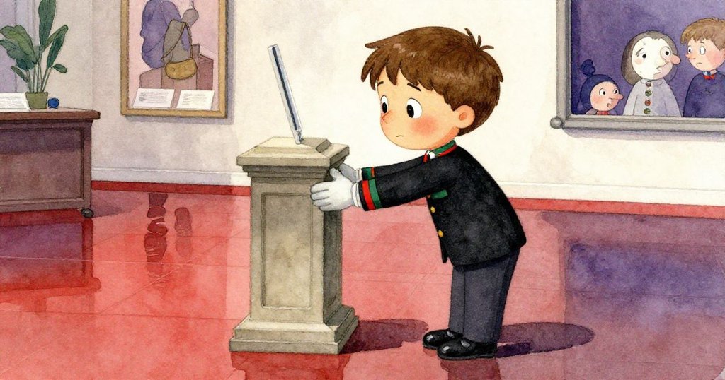 Milo發現底座歪斜，神情緊張，背景中大使和受託代表的鞋子映在光亮地面上。