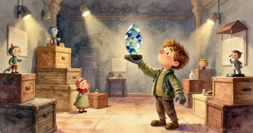 Milo的手小心撕下破舊墊布，近距離展現海玻璃雕塑反射彩光，充滿專注與細膩之感。