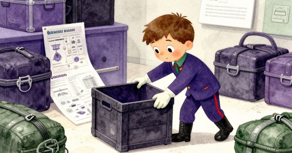 Milo在博物館新房間推動箱子，背景有資源圖表和未開封沙包清單，表現出他的機智與努力。