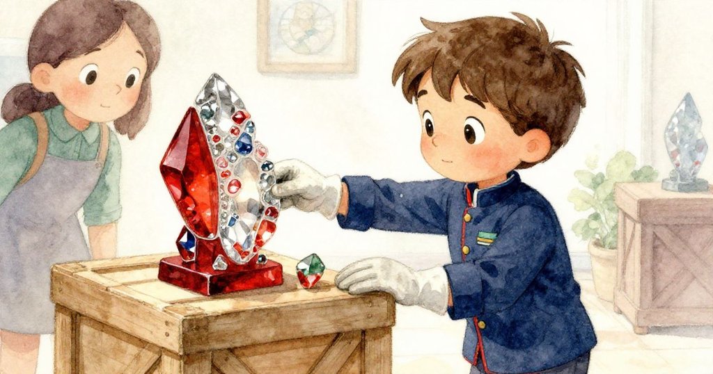 Milo把海玻璃雕塑放到穩固箱子上，光彩碎片映照出訪客亮眼外套，場景充滿解脫與成就感。