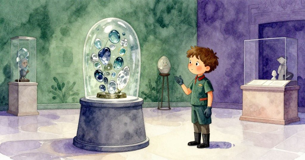 Milo回到博物館入口處，臉上流露解脫與成就，安全放置的海玻璃雕塑在穩固基座上閃耀，環境恢復平靜。