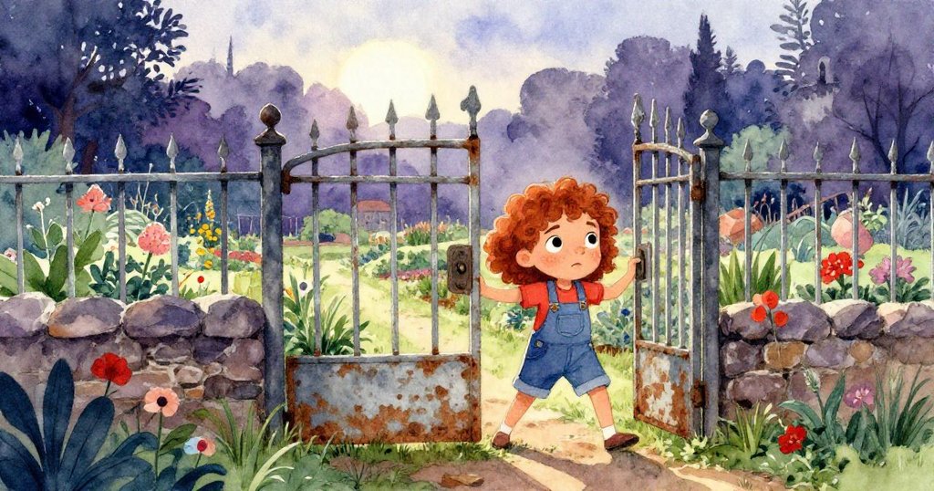 卡拉在晨霧中推動生鏽鐵門，破舊花園背景展現希望與決心，展開修復之旅