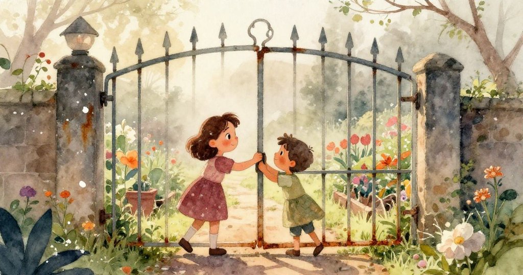 卡拉用橡膠槌輕敲鐵門一側，另一側樹上小鳥驚飛，展現努力與生命間微妙互動