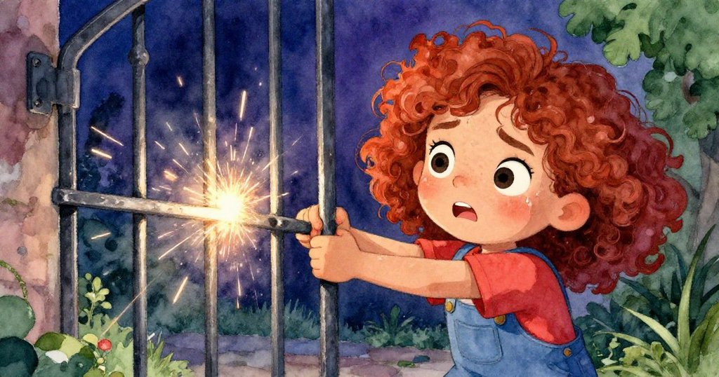 卡拉全神貫注拉動新釘固定的鐵門，額頭汗珠滾落，金屬火花映照堅毅面容，緊張時刻展現