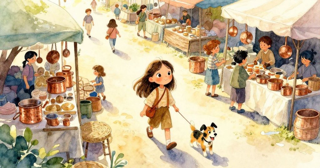 Mila 走在擁擠市場上, 清晨金光中她與小狗同行, 銅鍋與編織墊在下映出豐富細節, 表情中流露出期待與興奮。