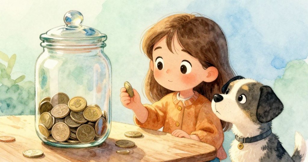 Mila 靠近色彩斑斕的存款罐, 手握硬幣準備投入, 小狗好奇注視, 市集背景明亮, 表情透露期待與緊張。