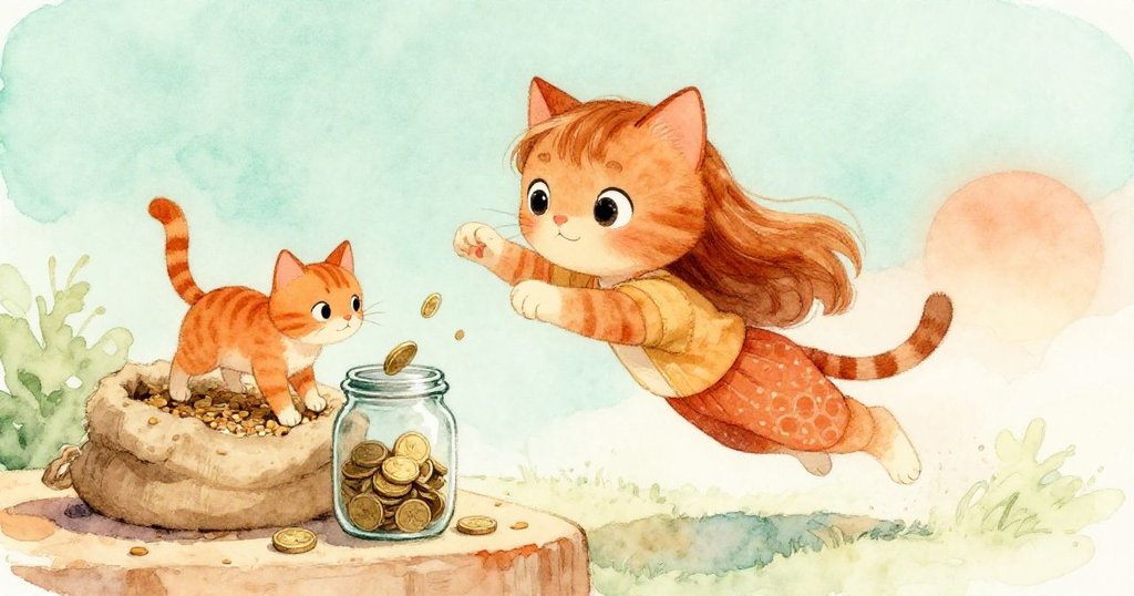 生動記憶中, 橘貓從穀袋中躍起撞向彩繪桌, 存款罐搖晃散落硬幣, Mila 驚訝注目, 氣氛懷舊且溫暖。