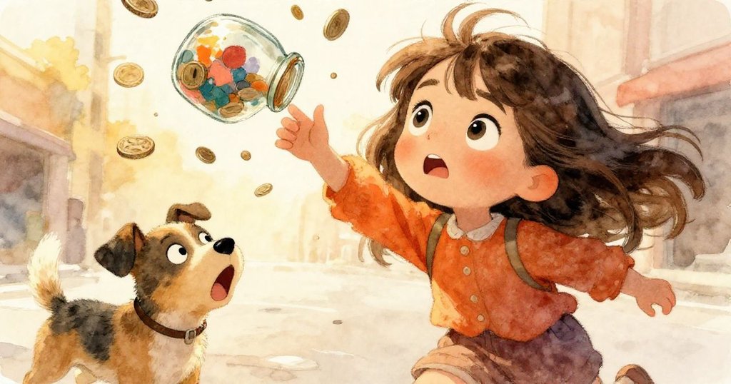 Mila 緊急伸手接住搖晃快落的存款罐, 空中硬幣飛散, 小狗緊張圍觀, 市集背景充滿動態, 表情堅定與掙扎交織。