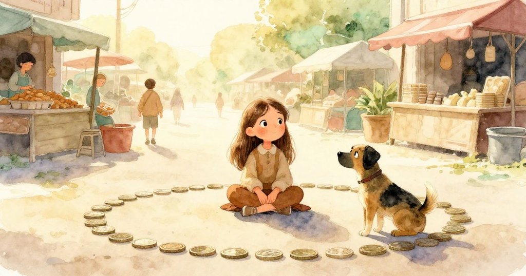 Mila 靜坐欣賞地上整齊排列的硬幣, 市集喧鬧漸歸平靜, 小狗安靜依偎在旁, 金色晨光溫暖包圍, 表情滿足與寧靜。