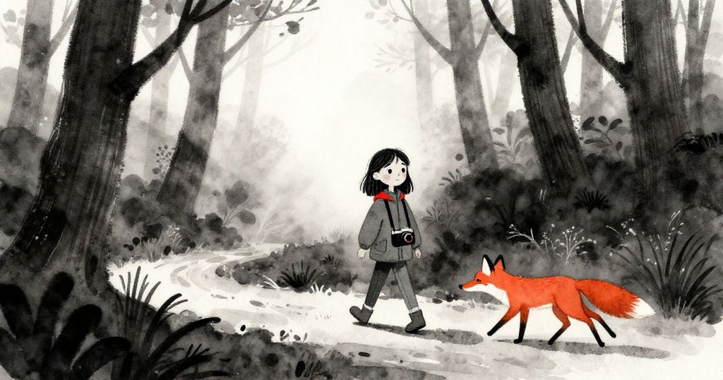 米拉在薄霧繚繞的樹林中前行，背著相機包，驚喜地目送狐狸飛奔而過，展現冒險的開端。