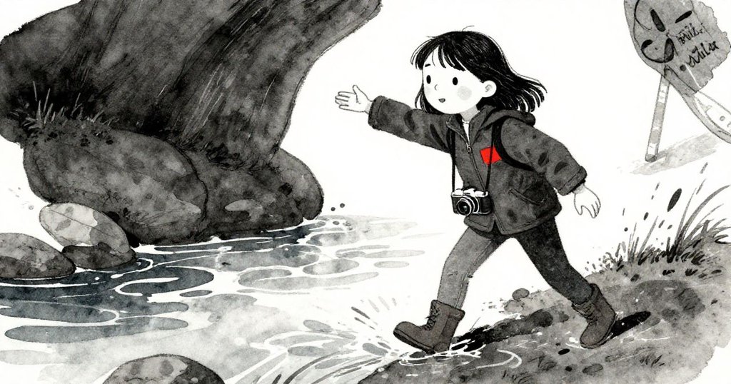 米拉在搖晃的木橋上揮手欲抓滑落的宣傳單，水面上映出它飄逸的身影，顯得既驚訝又好笑。