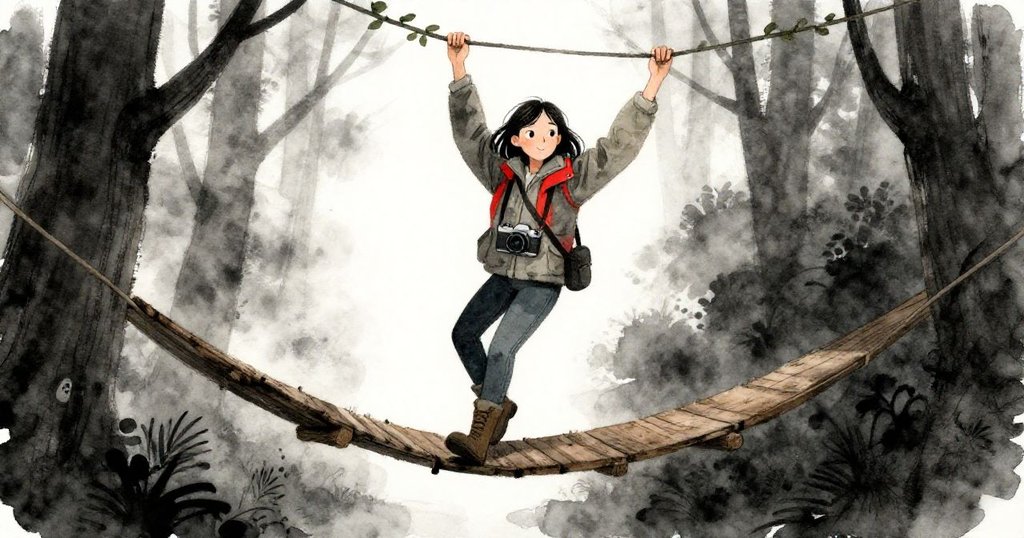 米拉抓著藤蔓在搖晃的木橋上擺動，背景層次分明的霧氣與森林樹木呈現冒險氛圍。