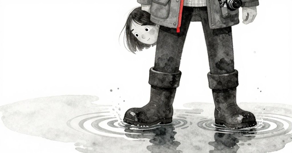 米拉的靴子踩入泛著微光的水面，水花飛起映出霧氣中森林的身影，展現堅定前行。