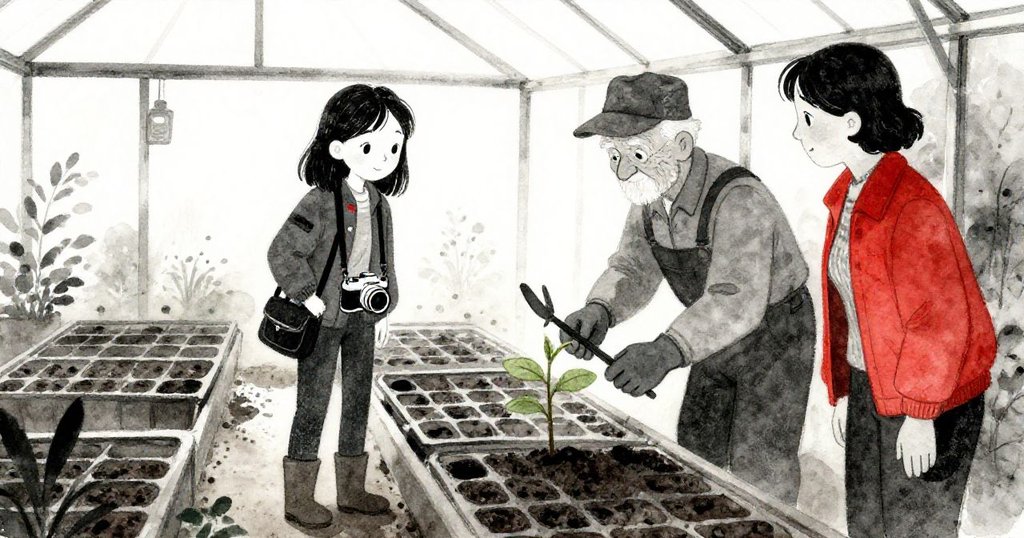 米拉走進破舊溫室發現整齊排列的育苗盤，與專注修剪樹苗的老園丁互動，光線溫柔明亮。