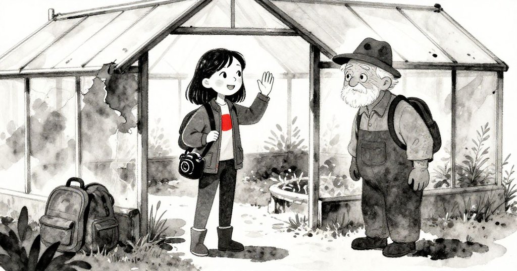 米拉與老園丁告別，背包並排靠在溫室外，陽光透過破碎窗格灑下，溫暖氛圍中展現寧靜感動。