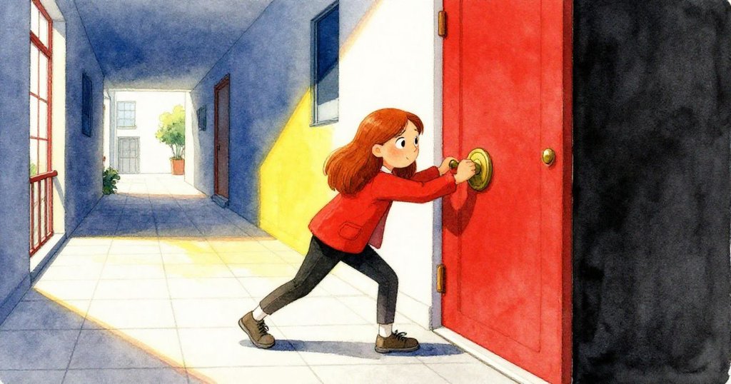 克拉麗莎站在明亮瓷磚走廊門前,懷抱畫布推開沉重大門,表情期待且堅定,展現開始的探索與緊張氣氛。