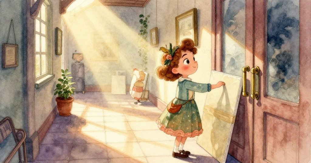 克拉麗莎的手輕觸包裹畫布與捲曲的光亮雜誌頁,細膩光影下展現了物件細節與準備進入畫廊的氣氛。