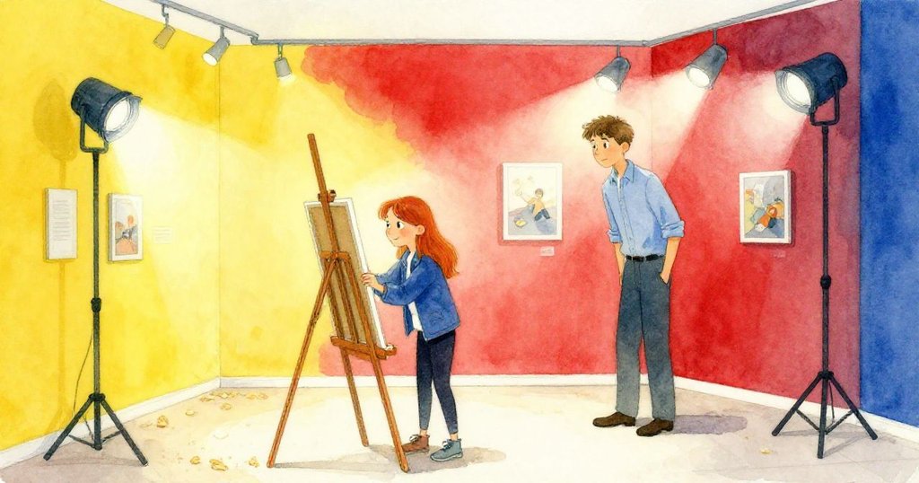 克拉麗莎與畫廊工作人員在畫室中忙碌,修正晃動的畫架螺絲,環境充滿新漆與鋸末氣息,展現合作與專注。