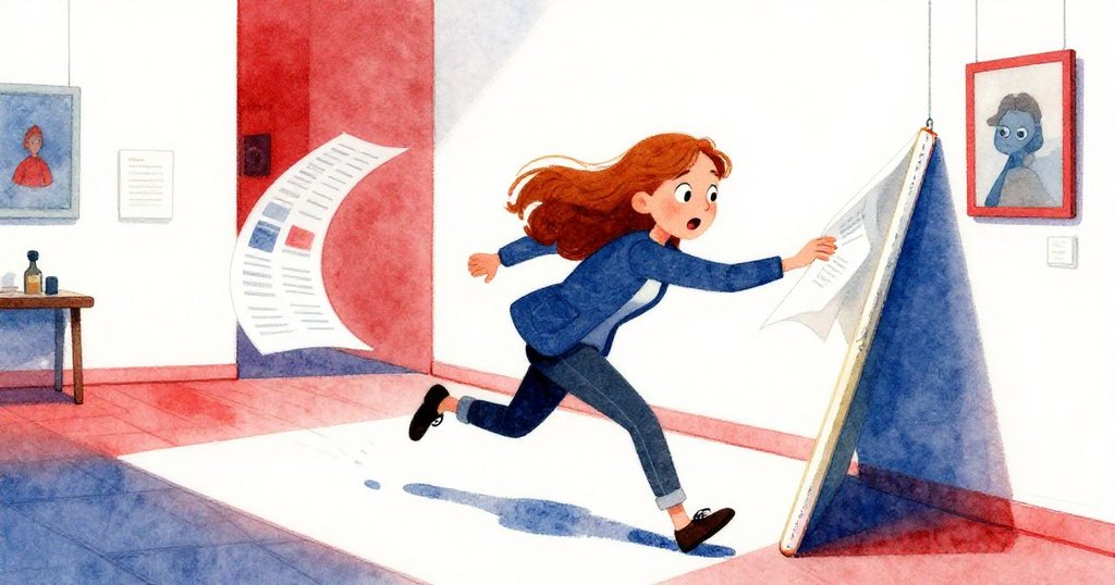 克拉麗莎因鞋底打滑追逐捲曲的雜誌頁,畫布搖晃間展示急促與驚訝動作,室內充滿生動活潑的氛圍。