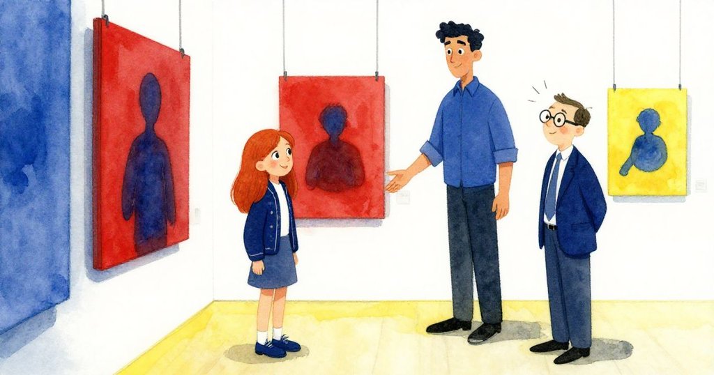 克拉麗莎與工作人員圍繞展出鮮豔畫作團聚,驚喜與喜悅交織,完成了從探索到發現的溫馨歷程。