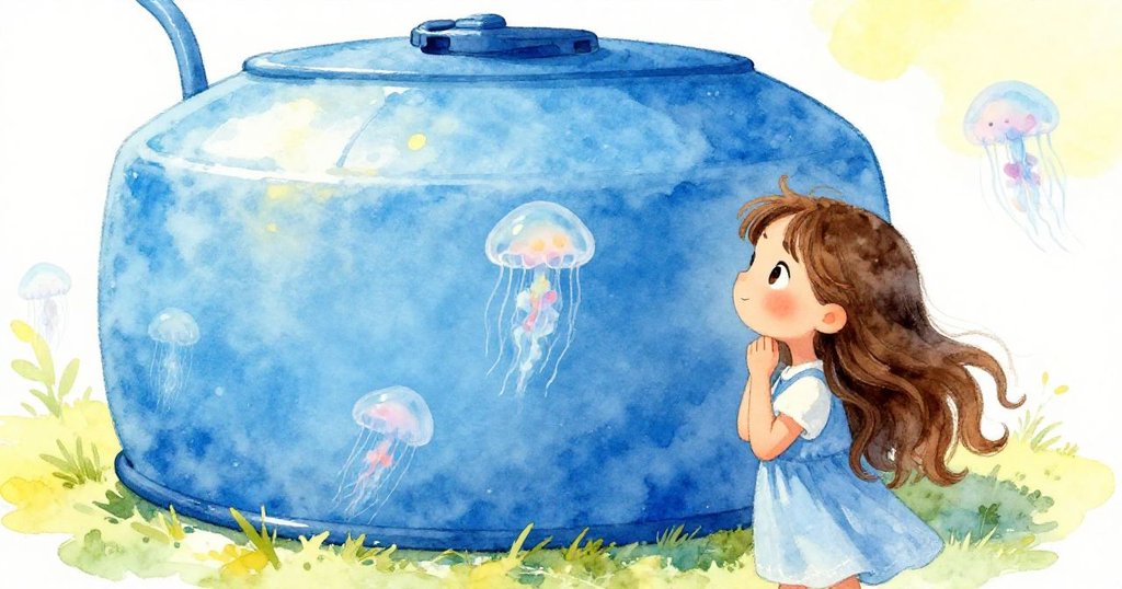 莉拉站在藍色水池旁，水母慢慢飄浮，背景充滿陽光與自然氣息，臉上流露期待與好奇。