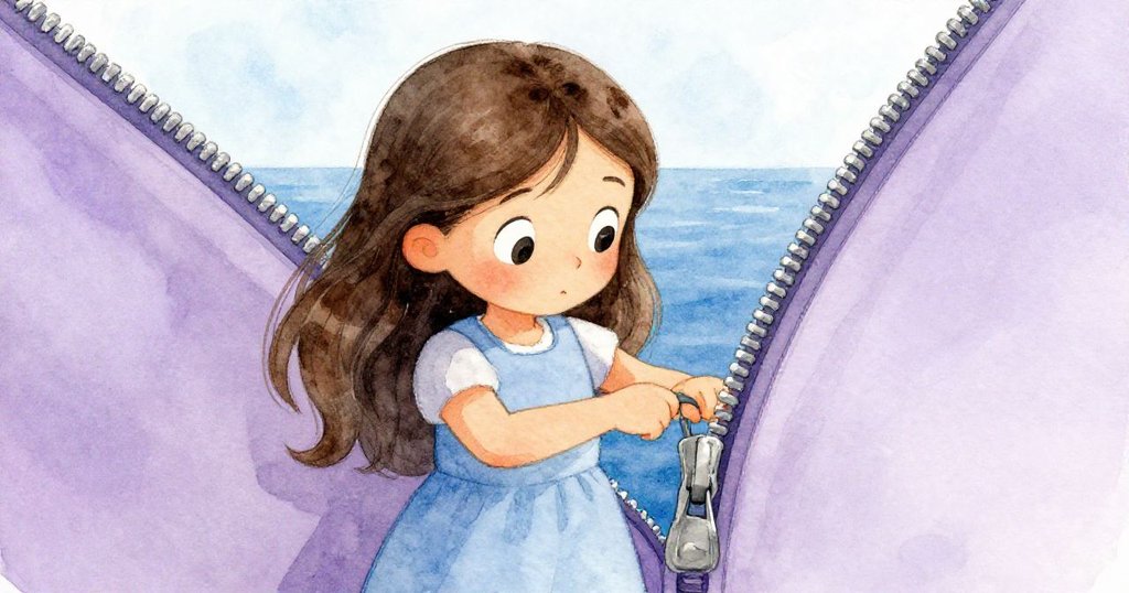 莉拉專注拉扯手提袋的拉鏈，眉頭緊鎖感受生硬金屬邊緣，背後隱約顯現藍色水景。