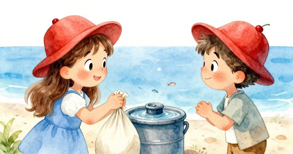 莉拉與男孩互動，男孩戴著亮紅色帽子輕敲莉拉的袋子，兩人眉宇間流露驚喜與默契，背景有水生小生物。