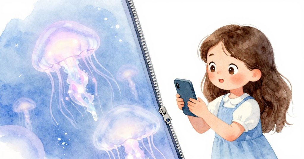 拉鏈突然順利滑動，莉拉迅速舉起手機記錄發光水母，場景中充滿柔和亮光，表情充滿興奮與欣喜。