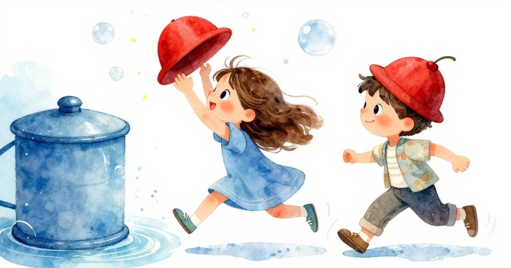 男孩快樂地旋轉亮紅帽子，莉拉小心地將手機放回袋中，周圍藍水中氣泡飛舞，整體充滿活力與輕快氛圍。