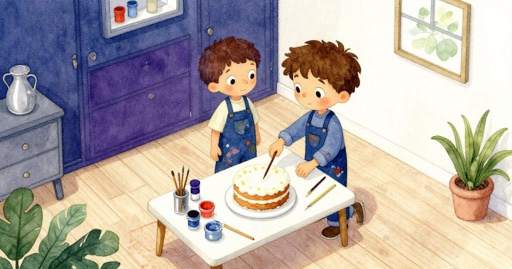 諾亞在明亮工作室中擺放蛋糕與顏料，從高處俯瞰展示藝術用品和充滿期待的創作情緒。