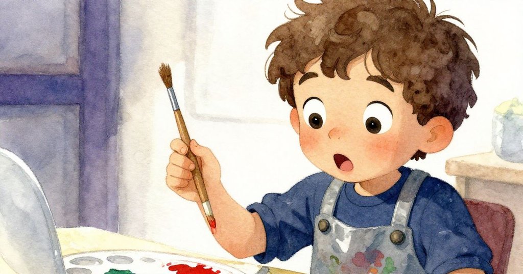 諾亞在工作室內驚訝咳嗽，臉上表情生動，調色板上紅色顏料滑落顯現意外時刻。