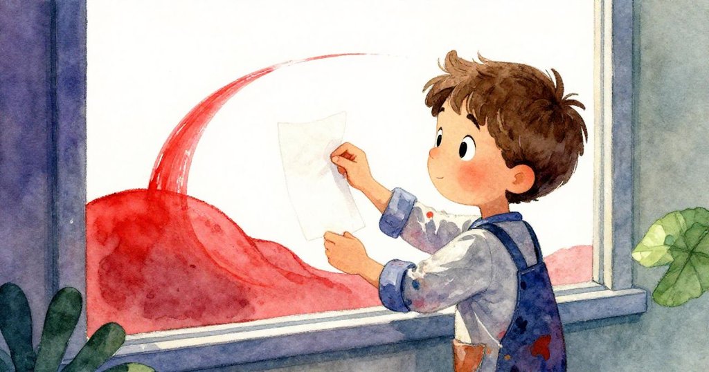 諾亞在窗邊轉動畫紙，發現紅色弧線猶如起伏山丘，紙面與自然光交織出意外驚喜。