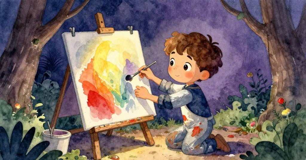 諾亞在工作室隱秘角落將轉化後的畫作小心放置於晾架上，展現溫馨秘密空間與創作奇蹟。