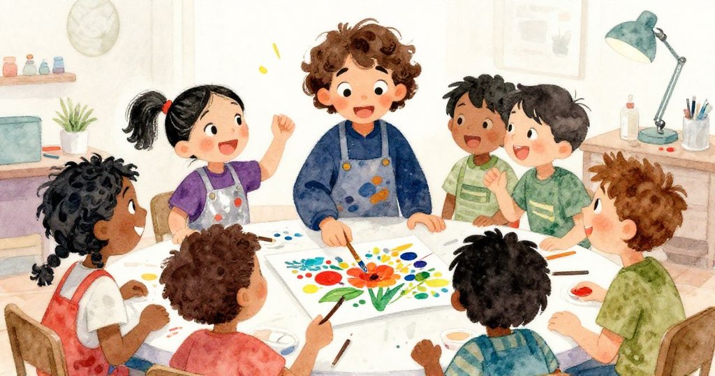 諾亞與同學們在工作室熱烈湧向桌邊，動感中欣賞意外創出的繽紛畫面，充滿歡樂氣氛。