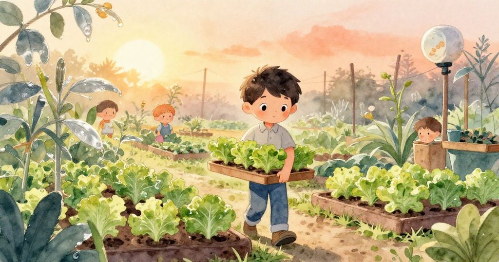 在朝陽映照下,Milo手提生菜苗盤走進充滿露水的社區花園,臉上滿是希望與專注的神情,展開一天的工作