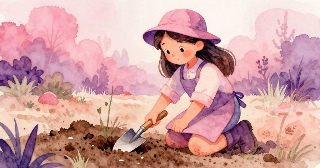 Luisa跪在壓實的泥土上,用鏟子輕敲土地,靜心勘查耕耘,腳上的工作靴顯示出泥濘細節