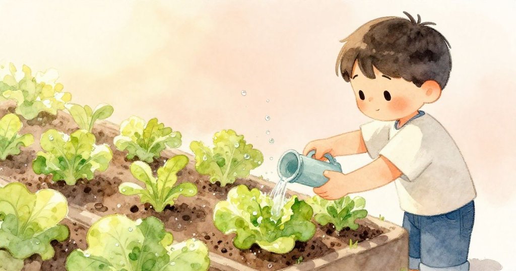 從後方看Milo正用心灌溉生菜苗,水珠在陽光下閃亮,他的手穩定展現愛心,背景是溫柔花園