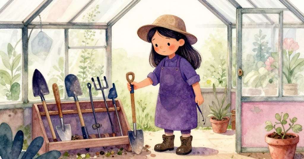 Luisa在鄰近溫室內檢查園藝工具,柔和陽光透過窗戶灑入室內,她神情專注,背景充滿古樸木質感